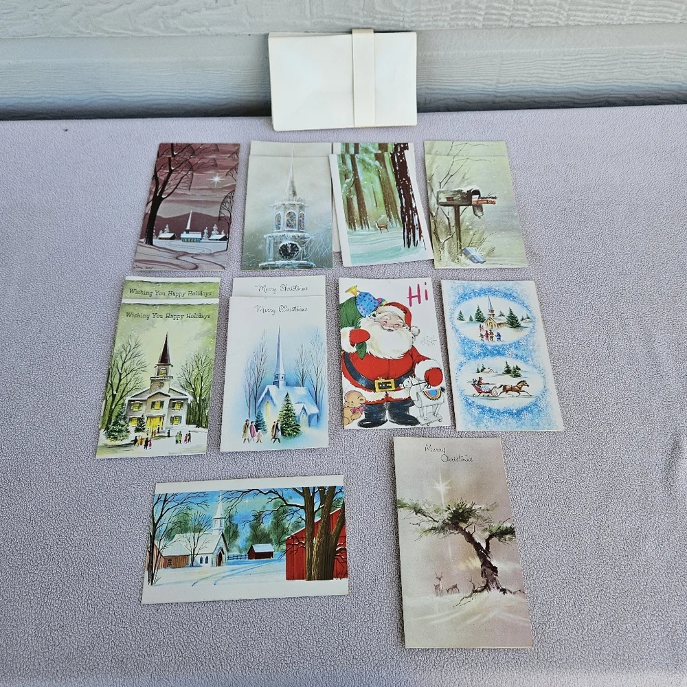 VTG Christmas Card Set of 16 Holiday Greeting Church Snow Deer Santa Mailbox